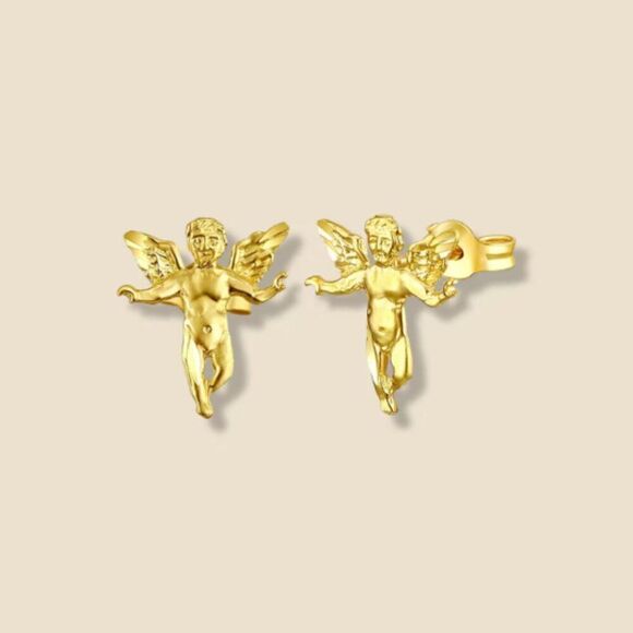 14k Yellow solid Gold Angel Stud Earrings (11 mm X 8 mm) | Gift for Mother | - Picture 1 of 10